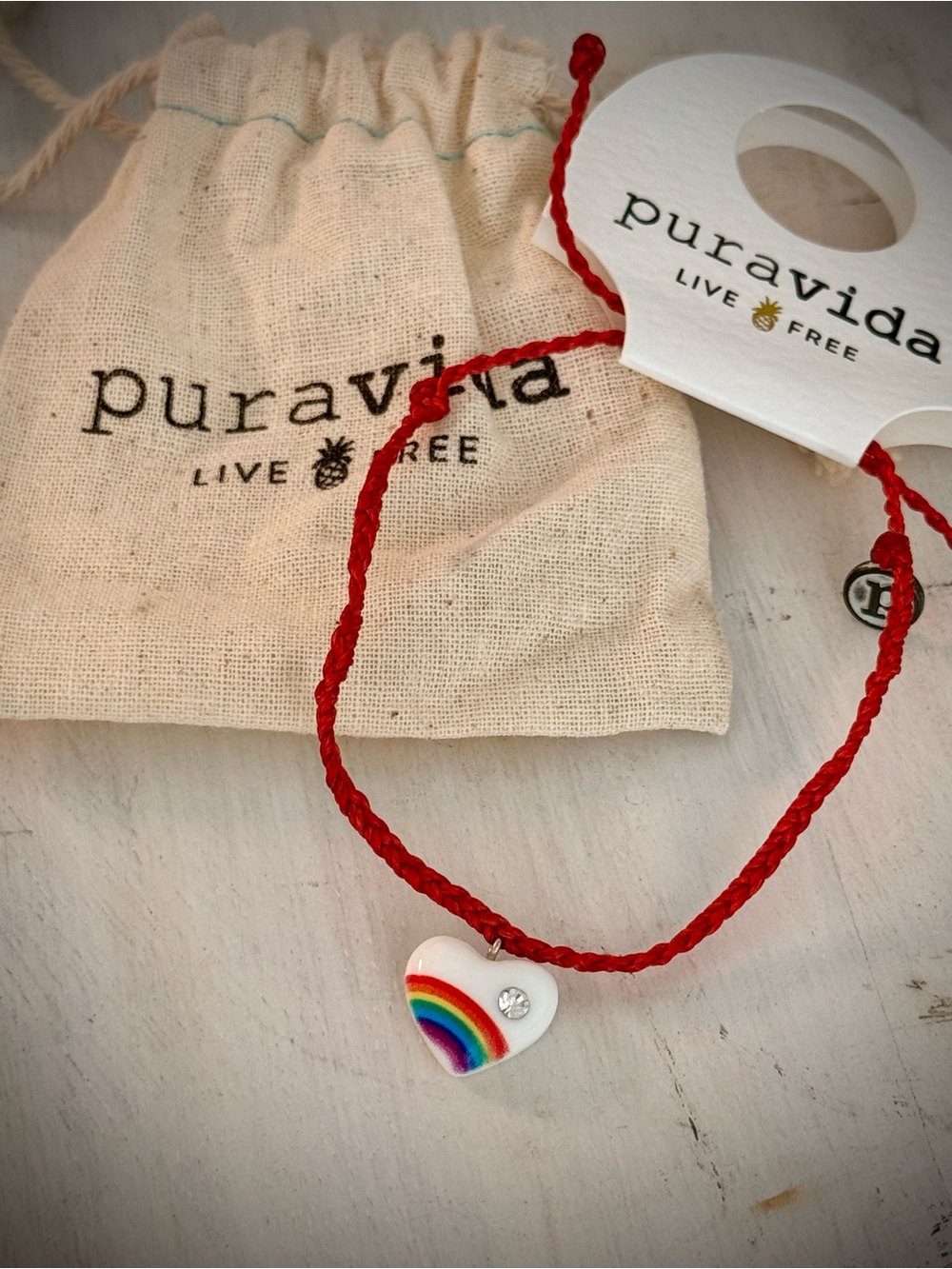Pura Vida Red Braided Bracelet with Rainbow Heart Charm. 🌈❤️